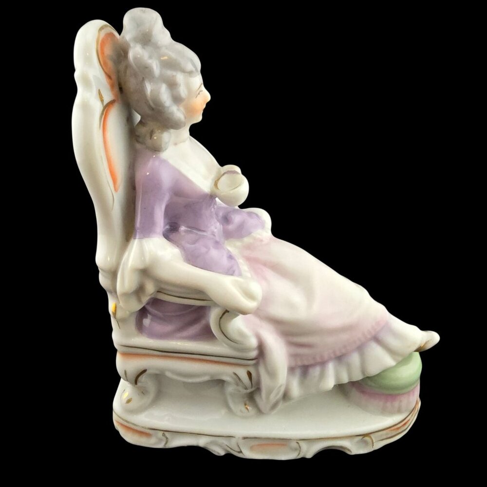 Vintage Porcelain Figurine Victorian Lady In Chair With Tea Cup Feet Up  Japan - Picture 5 of 11
